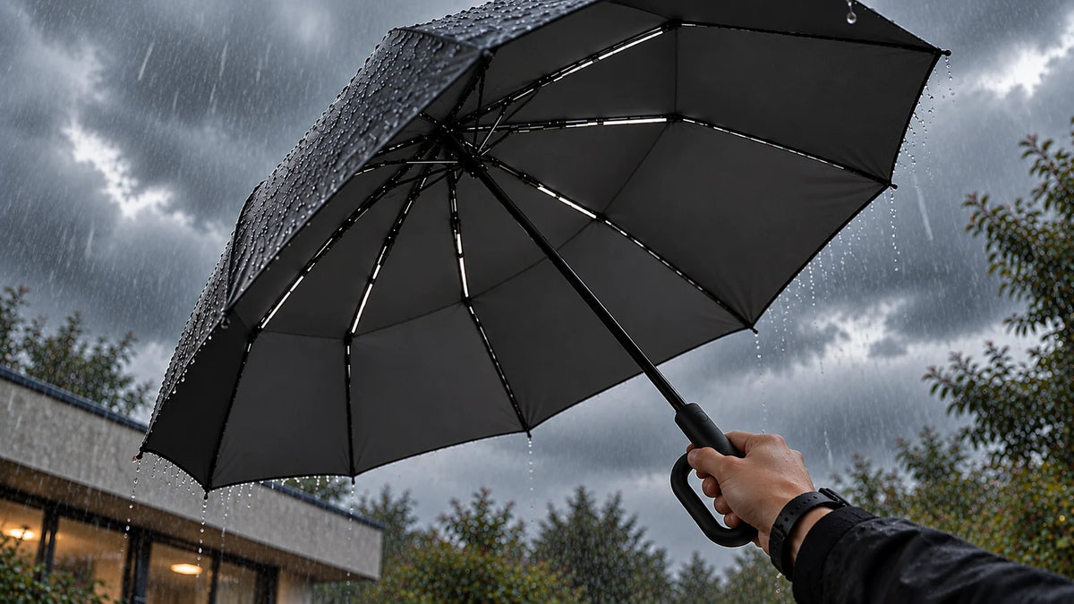 Black Brellova One held open in heavy rain