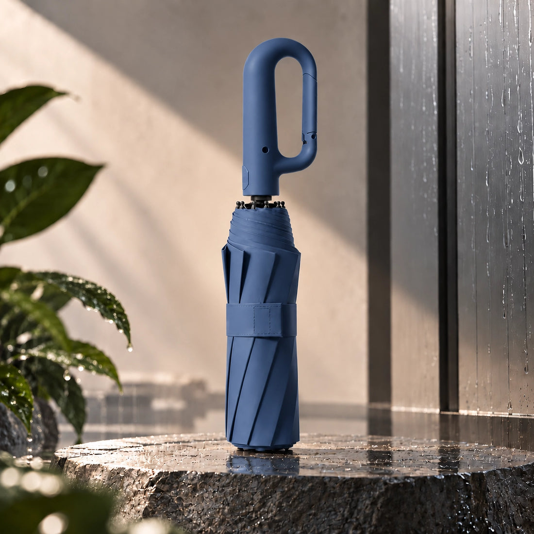 Brellova One in Navy blue, folded, standing on wet stone