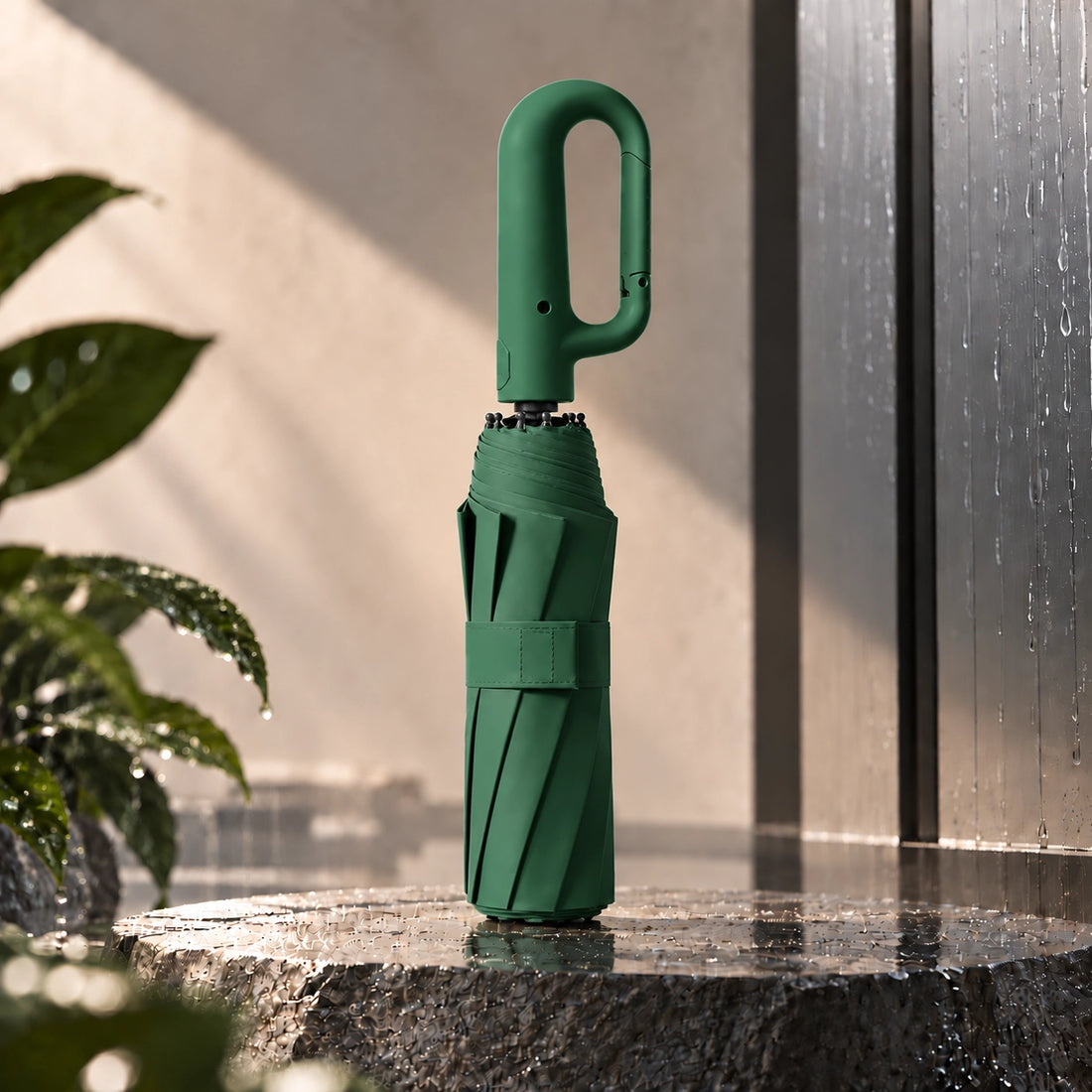Brellova One in Green, folded, standing on wet stone