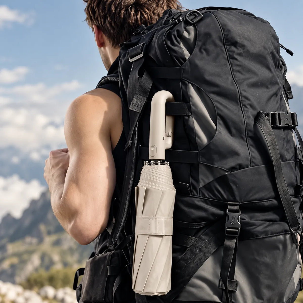 Beige Brellova One clipped to a backpack by its loop handle